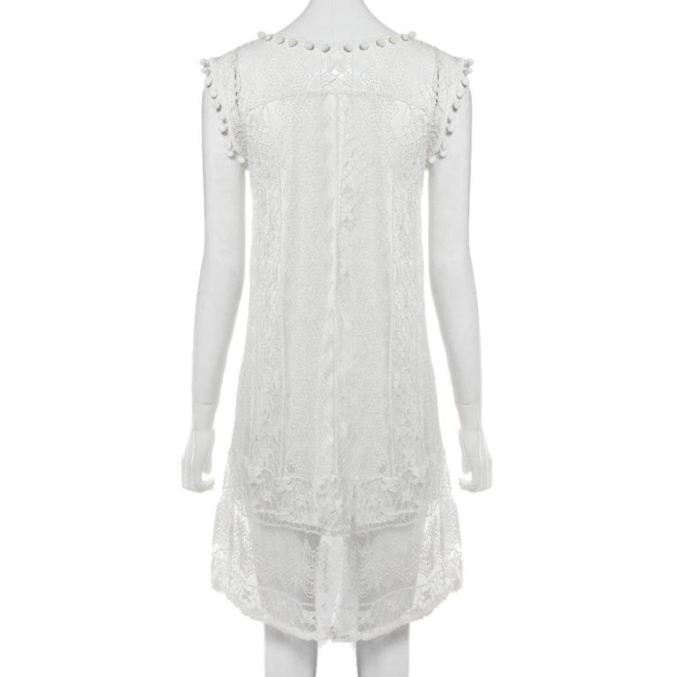Vestido corto sin mangas para mujer con cuello de encaje, estilo casual, para verano, playa