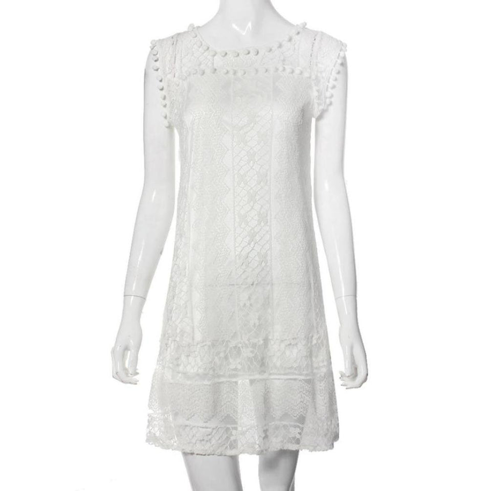 Vestido corto sin mangas para mujer con cuello de encaje, estilo casual, para verano, playa