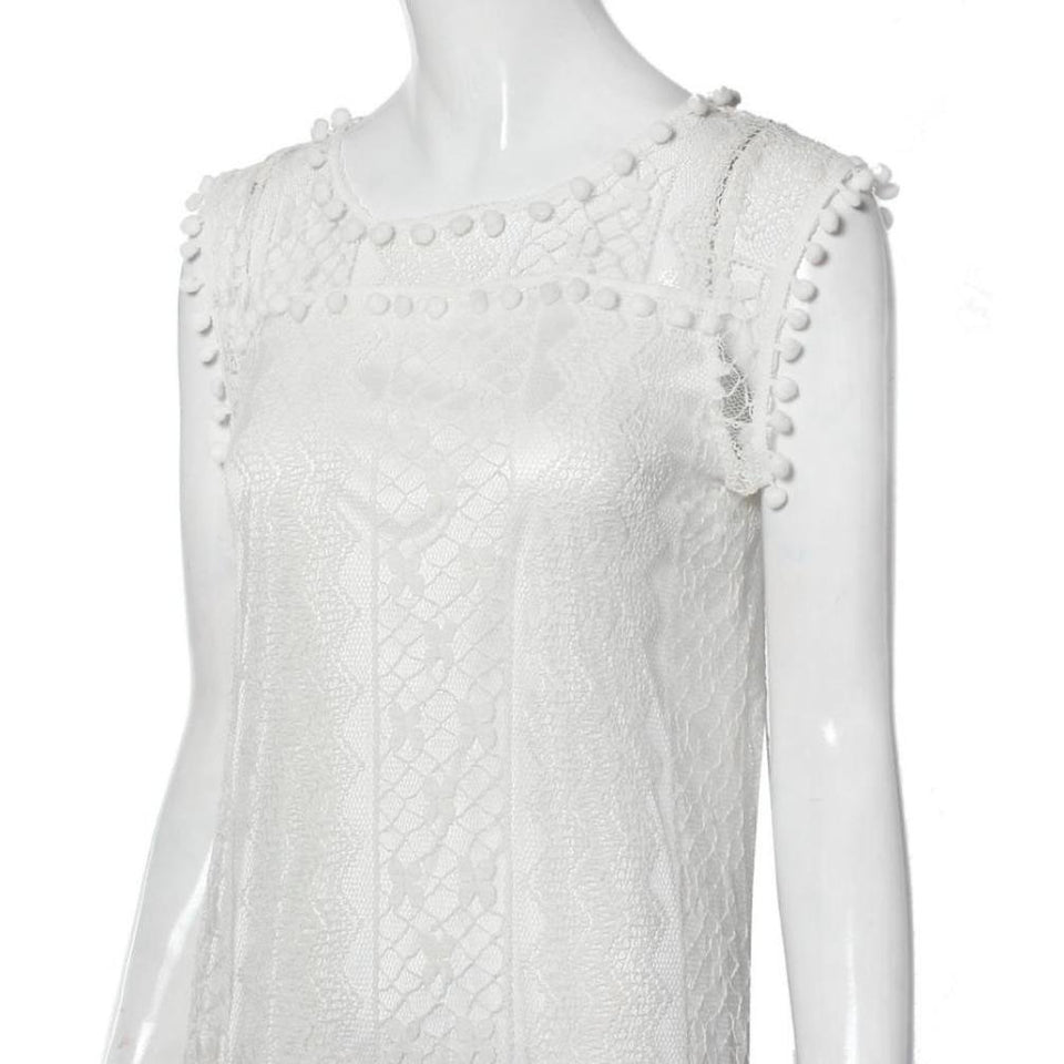 Vestido corto sin mangas para mujer con cuello de encaje, estilo casual, para verano, playa