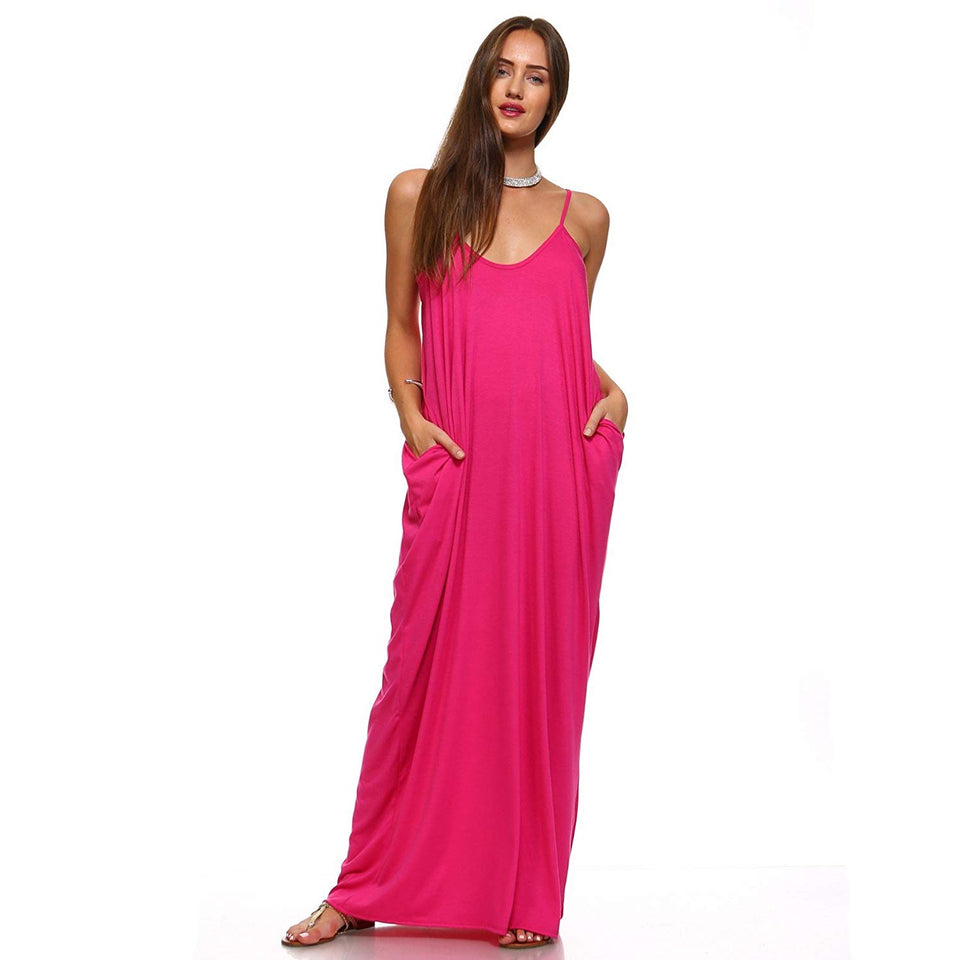 Isaac Liev Vestido Largo Suelto Casual con Tirantes Finos y Bolsillos para Mujer
