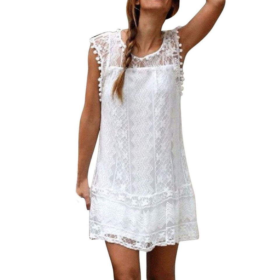 Vestido corto sin mangas para mujer con cuello de encaje, estilo casual, para verano, playa