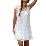 Vestido corto sin mangas para mujer con cuello de encaje, estilo casual, para verano, playa