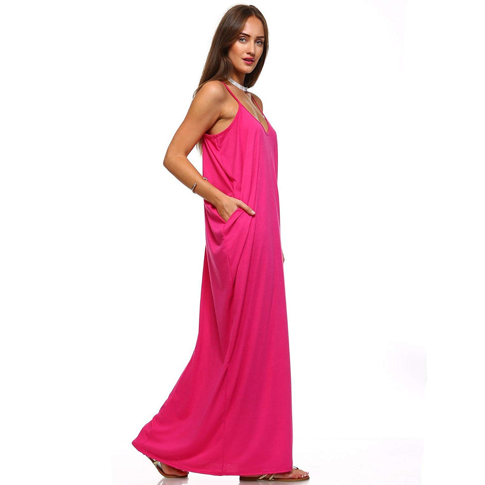 Isaac Liev Vestido Largo Suelto Casual con Tirantes Finos y Bolsillos para Mujer