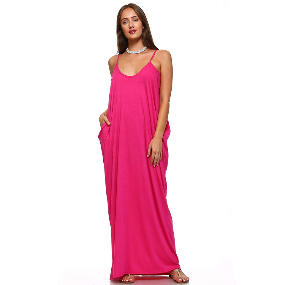 Isaac Liev Vestido Largo Suelto Casual con Tirantes Finos y Bolsillos para Mujer