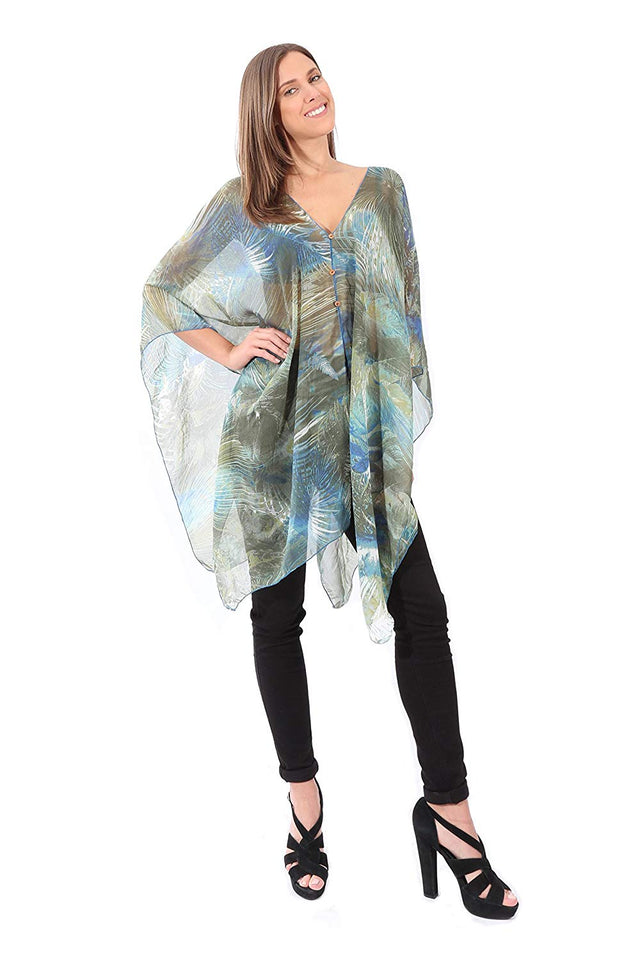 Village Venture Poncho Estampado de Tela Semi Translucida con Botones Unitalla-Mod 2780