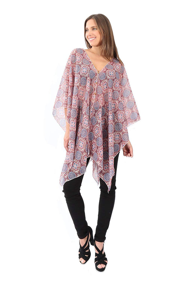 Village Venture Poncho Estampado de Tela Semi Translucida con Botones Unitalla-Mod 2780